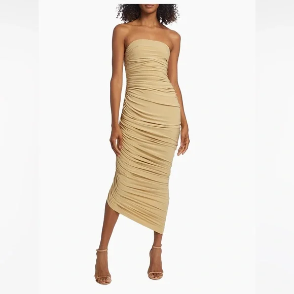 Norma Kamali Tan Asymmetrical Ruched Midi Dress - Picture 2 of 8